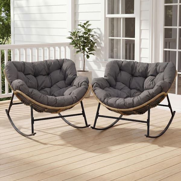 Oversized Beige PE Wicker Outdoor Rocking Chair Papasan Chair with Gray Cushion (2-Pieces)