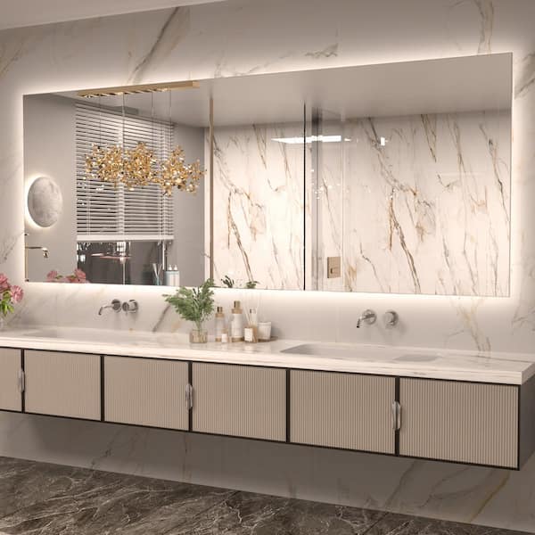 KeonJinn 85 in. W x 32 in. H Rectangular Frameless LED Light Anti-Fog Wall Bathroom Vanity Mirror with Backlit