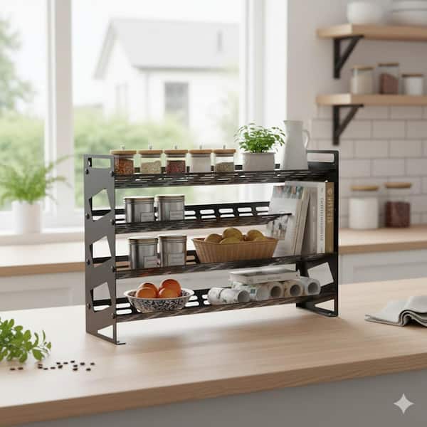 4 Tier Matte Black Cabinet Countertop Pantry Wall Mount Spice Rack Organizer with 32 Jars and 160 Labels