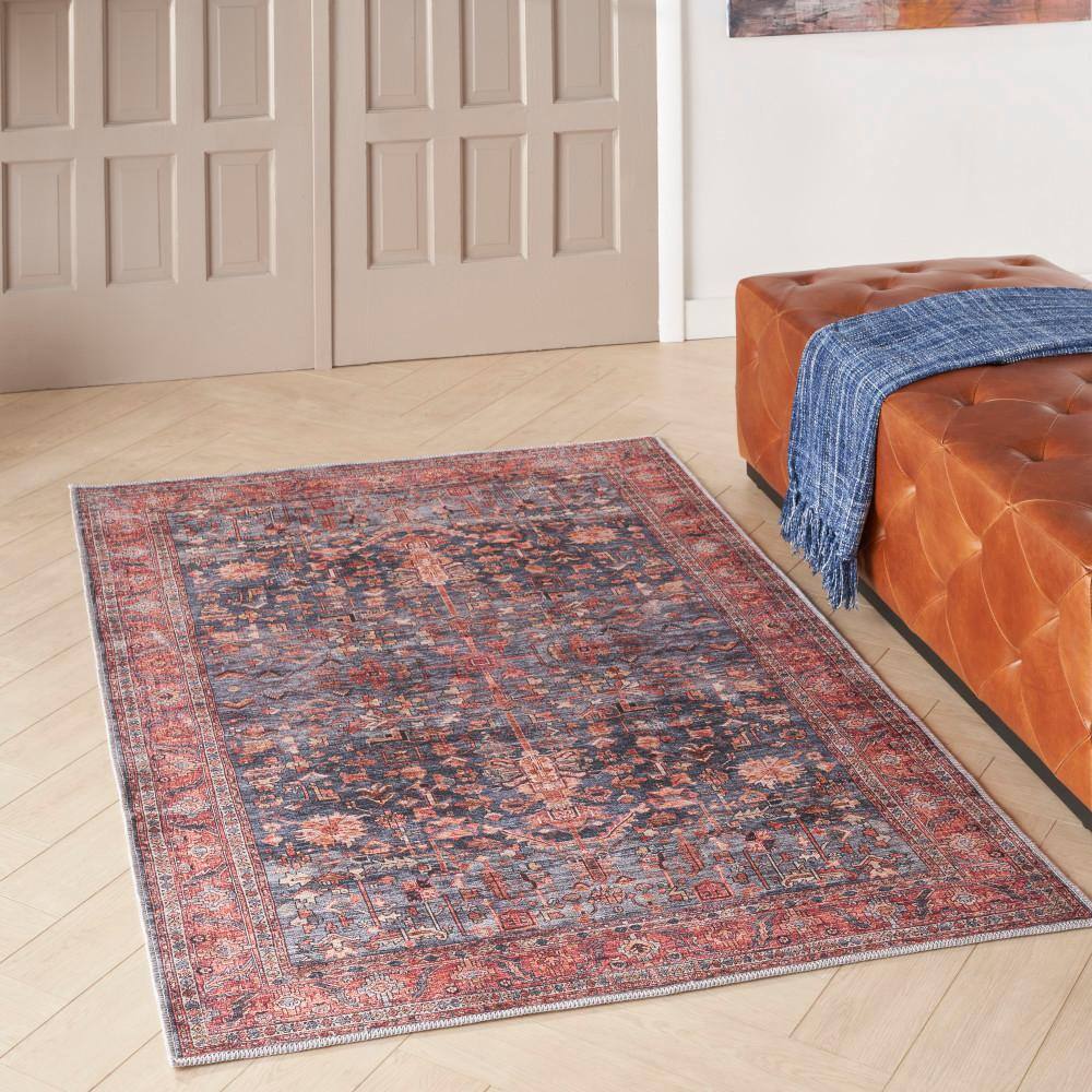 Navy and Brick Vintage Washable Wool Blend 4' x 6' Area Rug