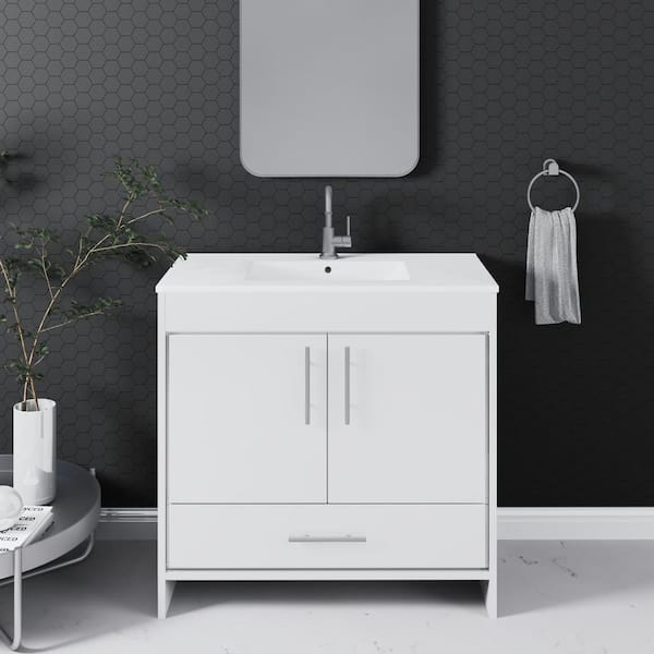 VOLPA USA AMERICAN CRAFTED VANITIES Pacific 36 in. W x 18 in. D Bath Vanity in Glossy White with Ceramic Vanity Top in White with White Basin