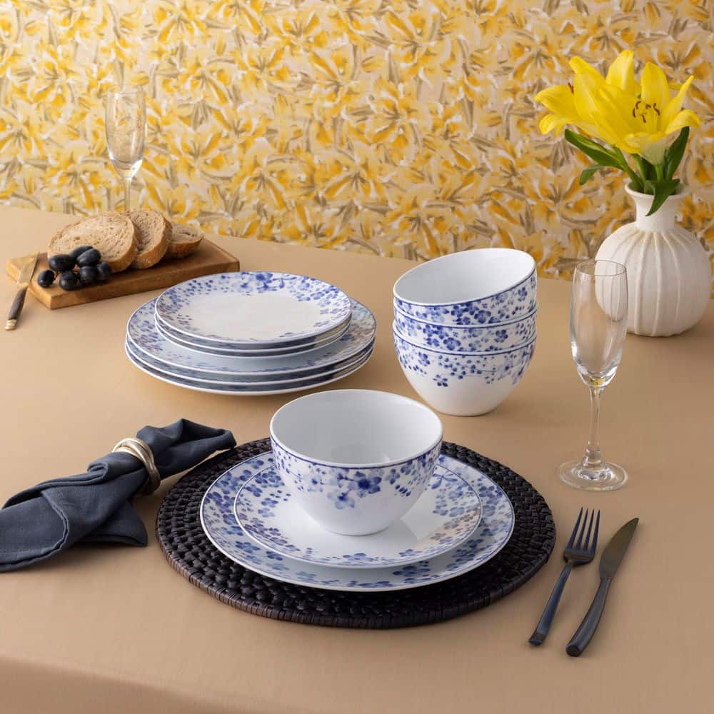 Blue and White Porcelain Floral 12-Piece Dinnerware Set