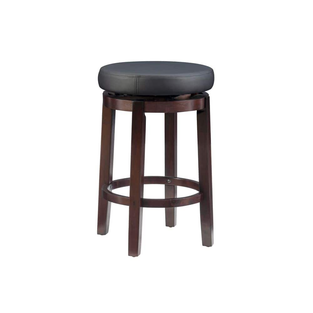 Maya Swivel 25.39 in. Black/Brown Backless Wood Counter Stool with Faux Lea