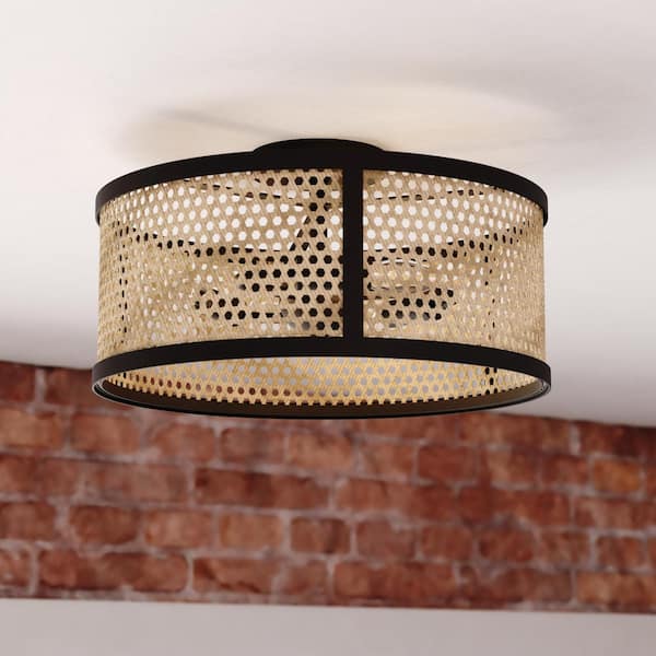 VAXCEL Berens 15.5 in. W Matte Black Modern Farmhouse Drum Semi Flush Mount Ceiling Light with Rattan Cane Shade