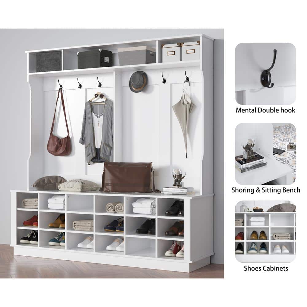 White MDF Wide Hall Tree with Shoe Cubbies and Hooks