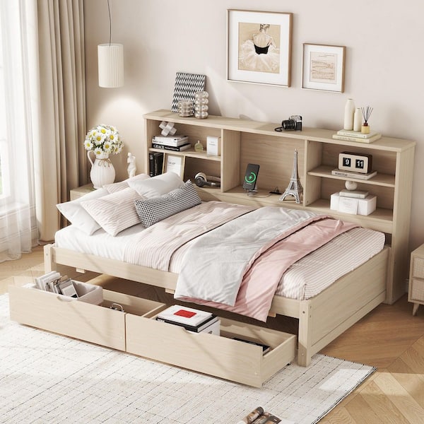 Harmony Beige Twin Size Daybed with Side Bookshelves, Built-in USB Port, 2 Drawers, Natural