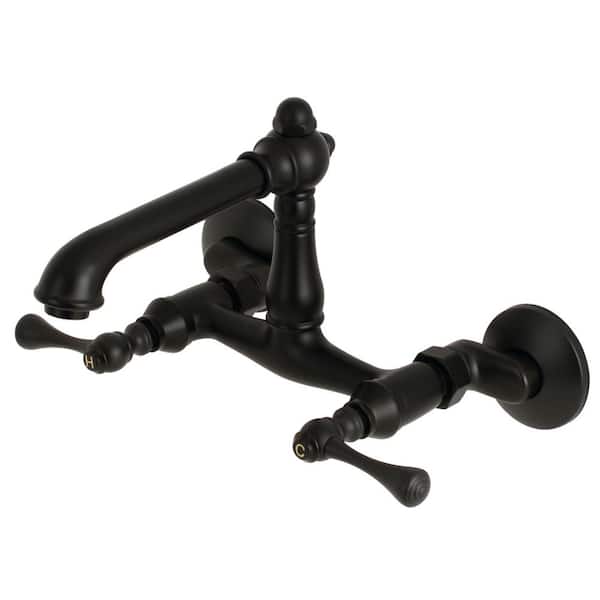 Kingston Brass English Country Adjustable Center 2-Handle Wall-Mount Kitchen Faucet in Matte Black