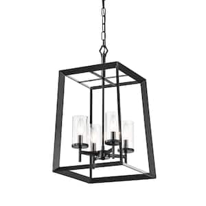 Richard 4-Light Antique Black Geometric Cage Lantern Pendant with Clear Glass Shades