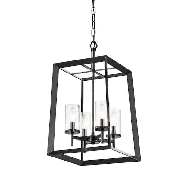 Edvivi Richard 4-Light Antique Black Geometric Cage Lantern Pendant with Clear Glass Shades