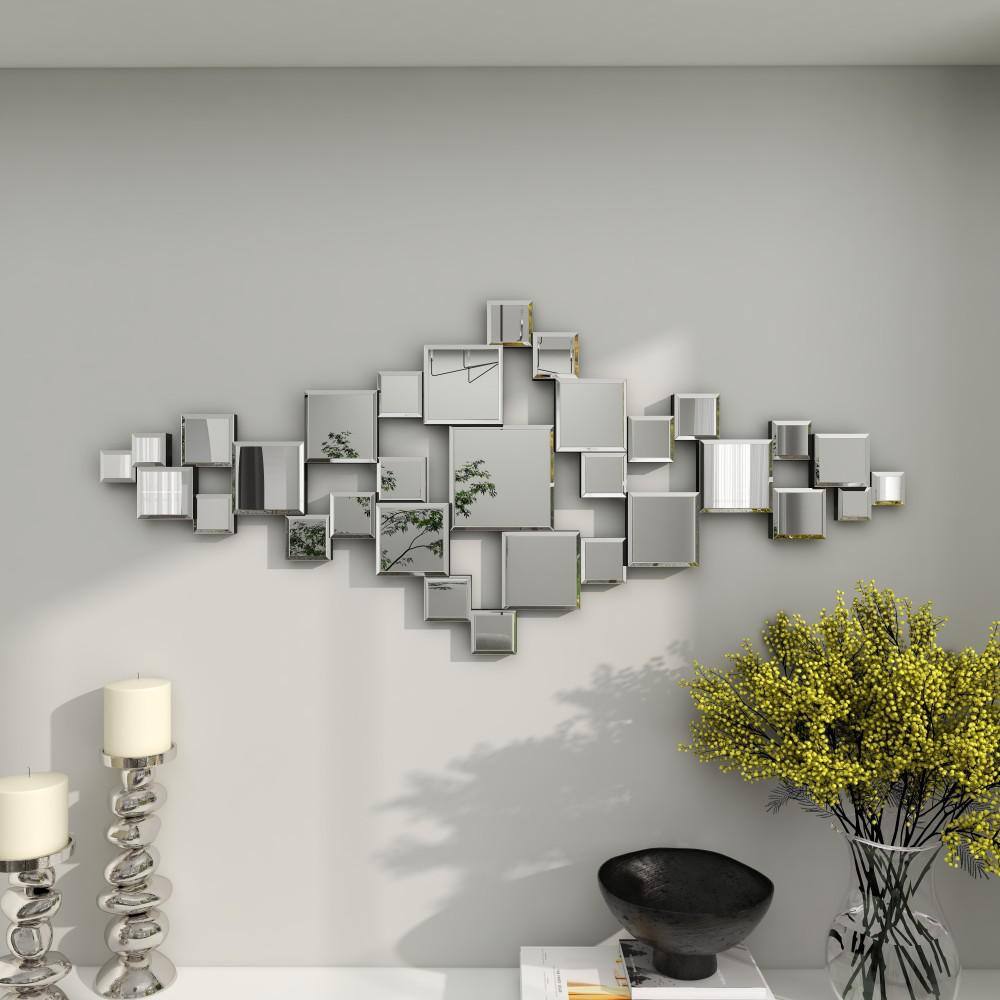 Silver Geometric Frameless Wall Mirror with Cut Out Design