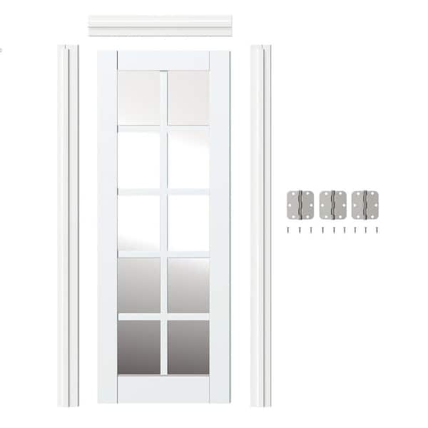 TENONER 32 in. x 80 in. 10 Lite, Mirrored Glass, White Primed, MDF Prehung Interior Door Left-Handed with Door Jamb and Hardware