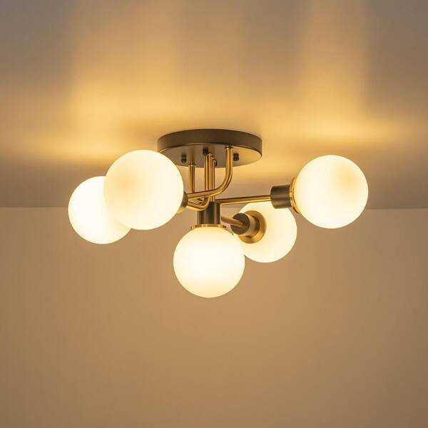 HUOKU Ceder 5-Light 21.3 in. W Black and Brass Semi-Flush Mount