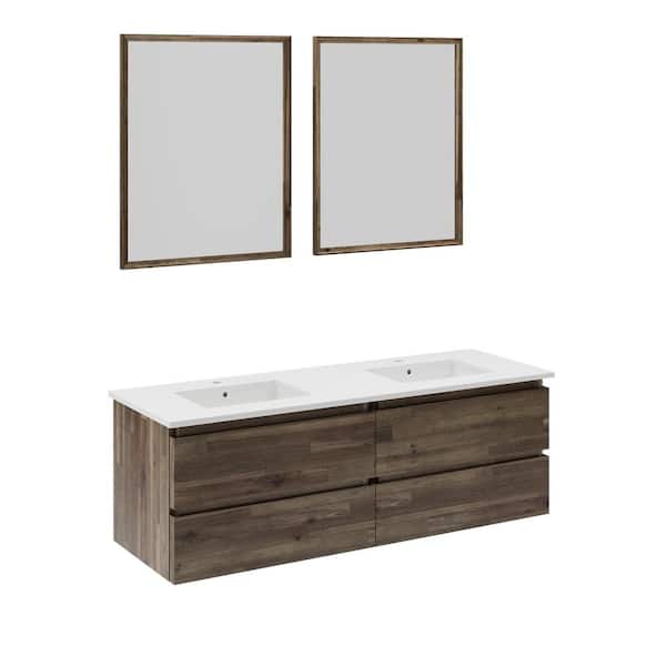Fresca Formosa 60 in. Double Sink Wall Mount Floating Acacia Bath Vanity with White Quartz Top, Ceramic Sinks and Mirrors