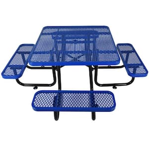 Metal Patio Dining Furniture, Heavy-Duty Outdoor Picnic Table with Umbrella Hole, 46" Square Top, Blue