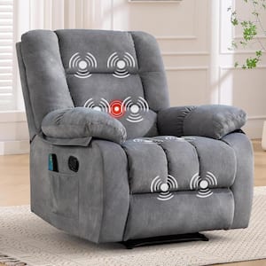 Gray Overstuffed Fabric Recliner Chairs with 8-Point Vibration Massage Manual Pull Recliner with Time Setting