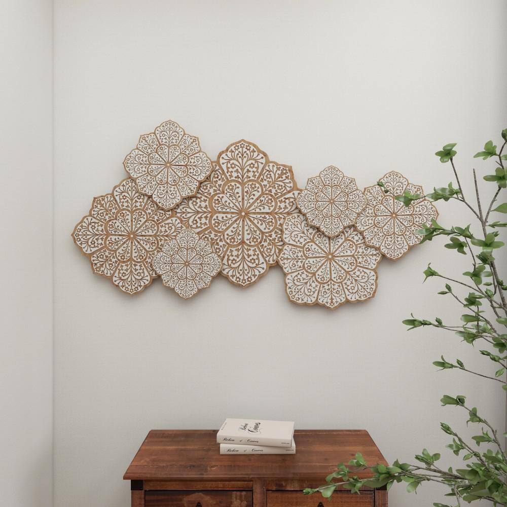 White and Natural Wood Intricately Carved Floral Wall Decor