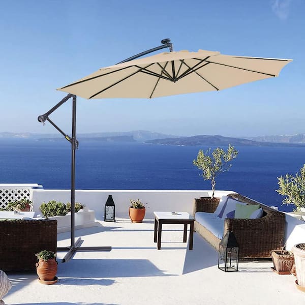 Tunearary 10 ft. Outdoor Hanging Cantilever Patio Umbrella With 32 Solar LED Lights in Tan