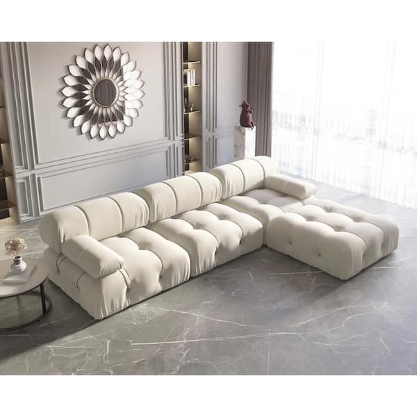 J&E Home 103.85 in. Square Arm 4-piece L Shaped Velvet Modular Free Combination Sectional Sofa with Ottoman in. Beige