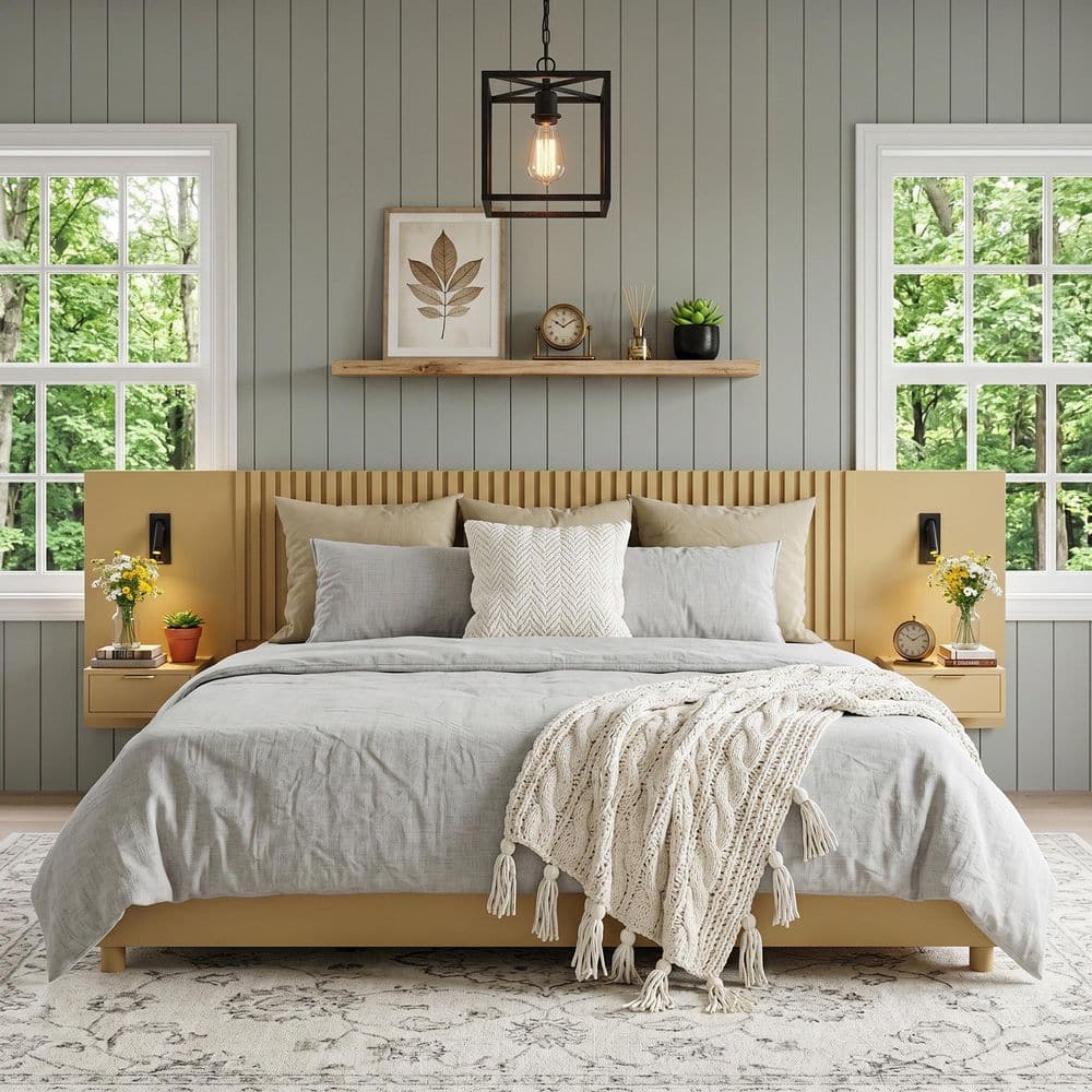 Natural Brown Wood Frame King Platform Bed with Built-in Storage Nightstands and Reading Lights price history on PriceWatchPro