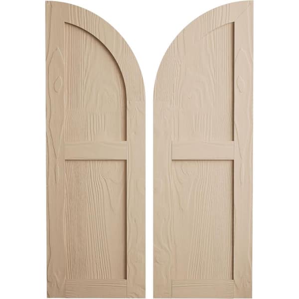 Ekena Millwork 18 in. x 80 in. Polyurethane Sandblasted Two Equal Flat Panel with Quarter Round Arch Top Faux Wood Shutters Primed Tan