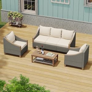 4--Piece Gray Wicker Outdoor Patio Conversation Sofa Set with Wooden Coffee Table and Beige Cushions