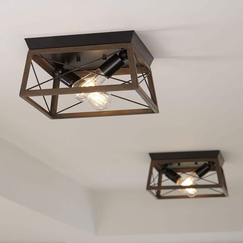 Briarwood Collection 2-Light Antique Bronze Kitchen Farmhouse Ceiling Light Flush Mount with Painted Wood Oak Frame price history on PriceWatchPro