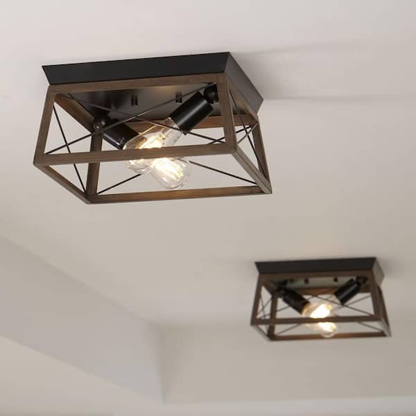 Briarwood Collection 2-Light Antique Bronze Kitchen Farmhouse Ceiling Light Flush Mount with Painted Wood Oak Frame