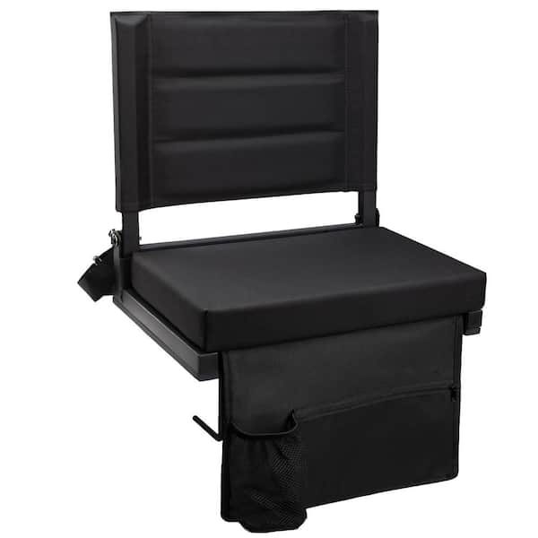 Black Polyester Folding Bleacher Chair W/ Back Support, Cup Holder, Side Pocket, and Shoulder Strap for Stadium Seating