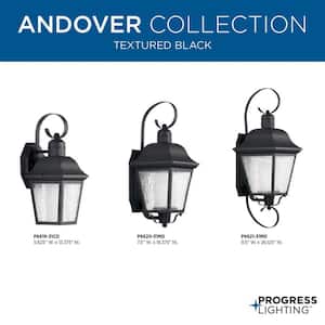 Andover Collection 1-Light Textured Black Clear Water Seeded Glass Farmhouse Outdoor Large Wall Lantern Light