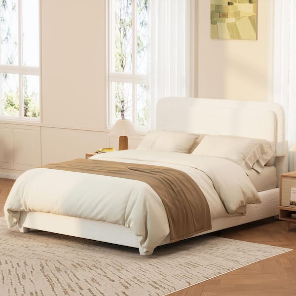 Nixon Modern White Boucle Upholstered Wood Frame Full Size Platform Bed with Adjustable Height Headboard
