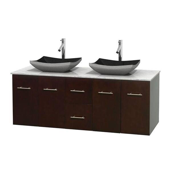 Wyndham Collection Centra 60 in. Double Vanity in Espresso with Marble Vanity Top in Carrara White and Black Granite Sinks