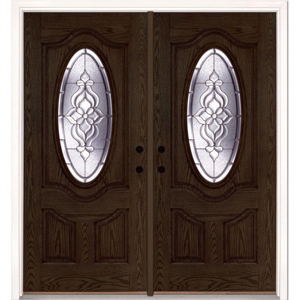 74 in. x 81.625 in. Lakewood Zinc 3/4 Oval Lite Stained Walnut Oak Left-Han