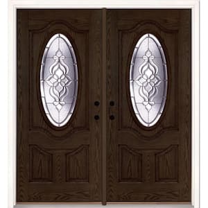 74 in. x 81.625 in. Lakewood Zinc 3/4 Oval Lite Stained Walnut Oak Left-Hand Fiberglass Double Prehung Front Door