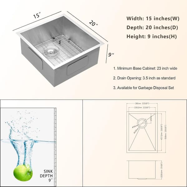 15 in. Undermount Single Bowl 16-Gague Stainless Steel Kitchen Sink with Basket Strainer and Bottom Grid