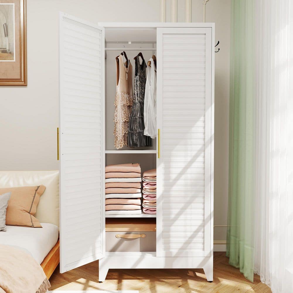 White Metal 31.5 in. Wardrobe Armoire, Garage Storage Cabinet with Removable Shelf and Hooks for Bedroom, Easy Assembly