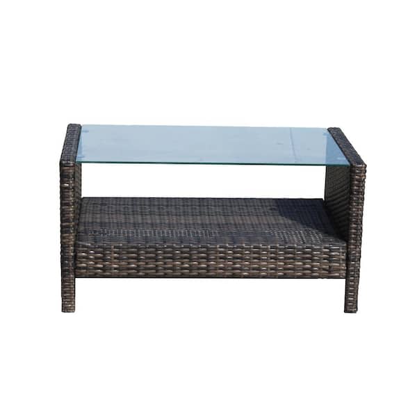 Tunearary 34.6 in. L x 20.5 in. W x 17.7 in. H Brown Outdoor PE Rattan Waterproof Tempered Glass Exquisite Coffee Table