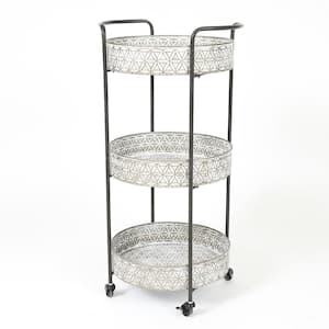 3-Tier Metal Oval Rolling Cart in White Galvanized
