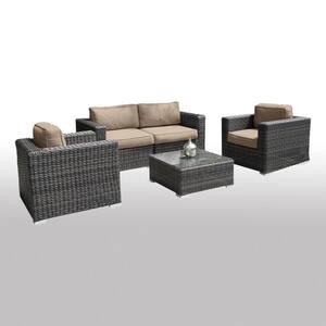 5-Piece Aluminum Outdoor Patio Sectional Set with Solid Cushions, 2 Club Chair, Coffee Table, Beige and Brown