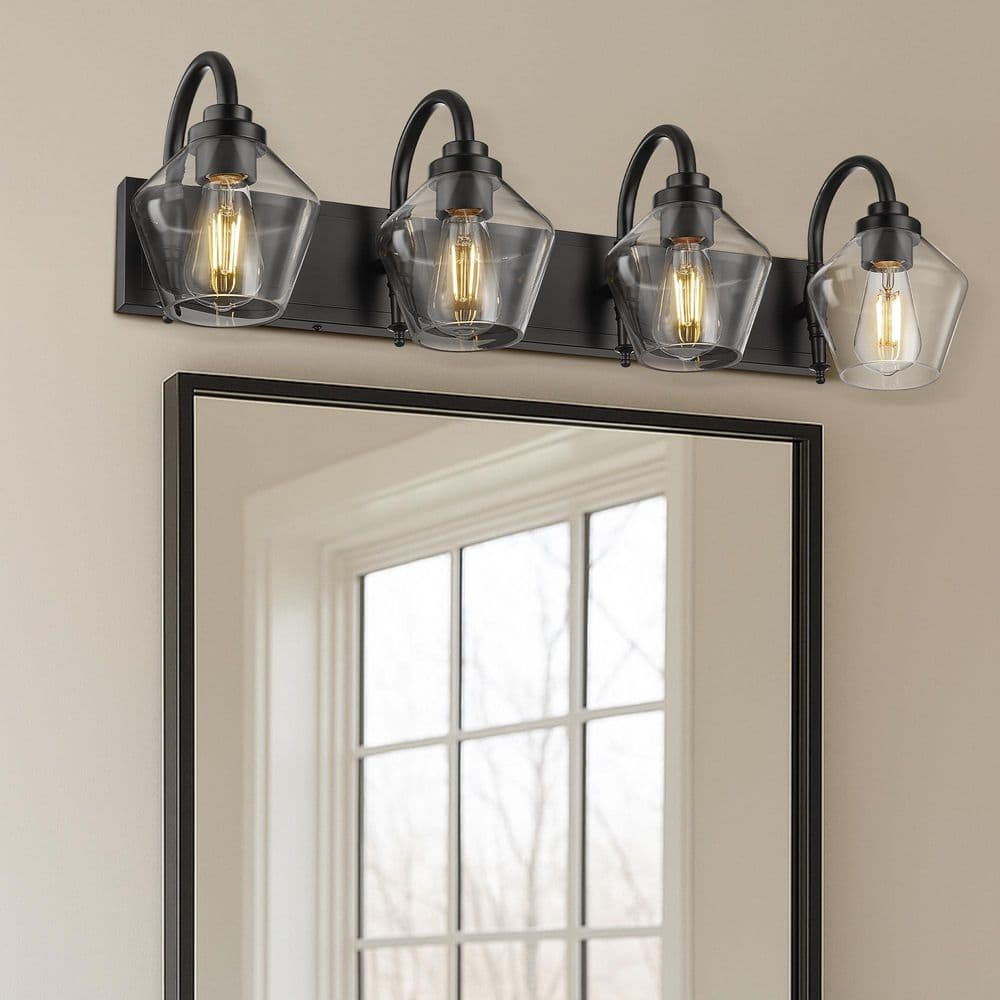 JAZAVA 31.9 in. 4 Light Black Vanity Light with Clear Glass Shade