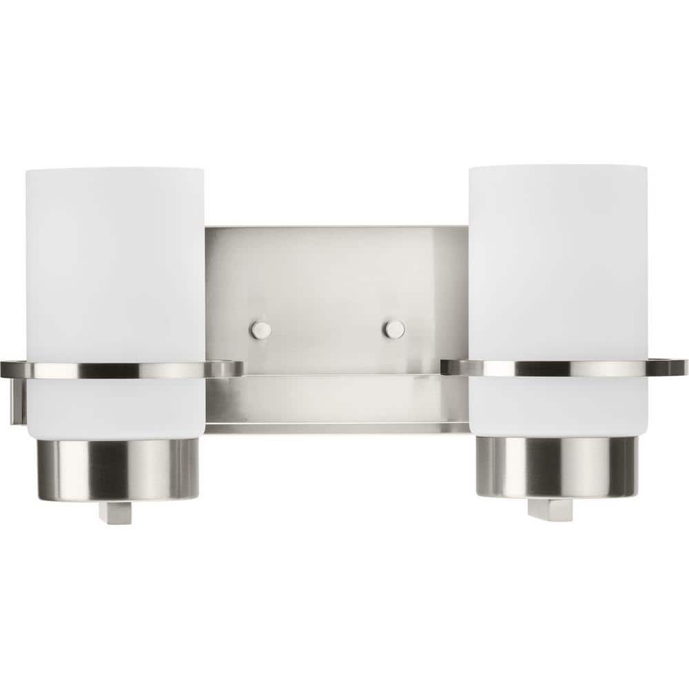 Brushed Nickel 2-Light Vanity with White Glass Shades