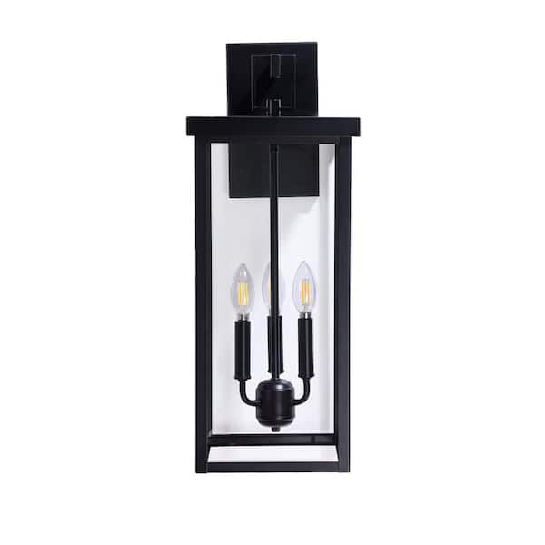 22.55 in. Black 3-Light Outdoor Hardwired Porch Light Wall Sconce, Extra Large Porch Lantern