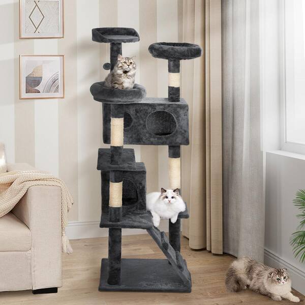 JJW Cat Tree Tower with Sisal Scratching Posts Condos?r Khammock Plush Perches?t Activity Centres Kittens Furniture Play House (Smoky Grey)