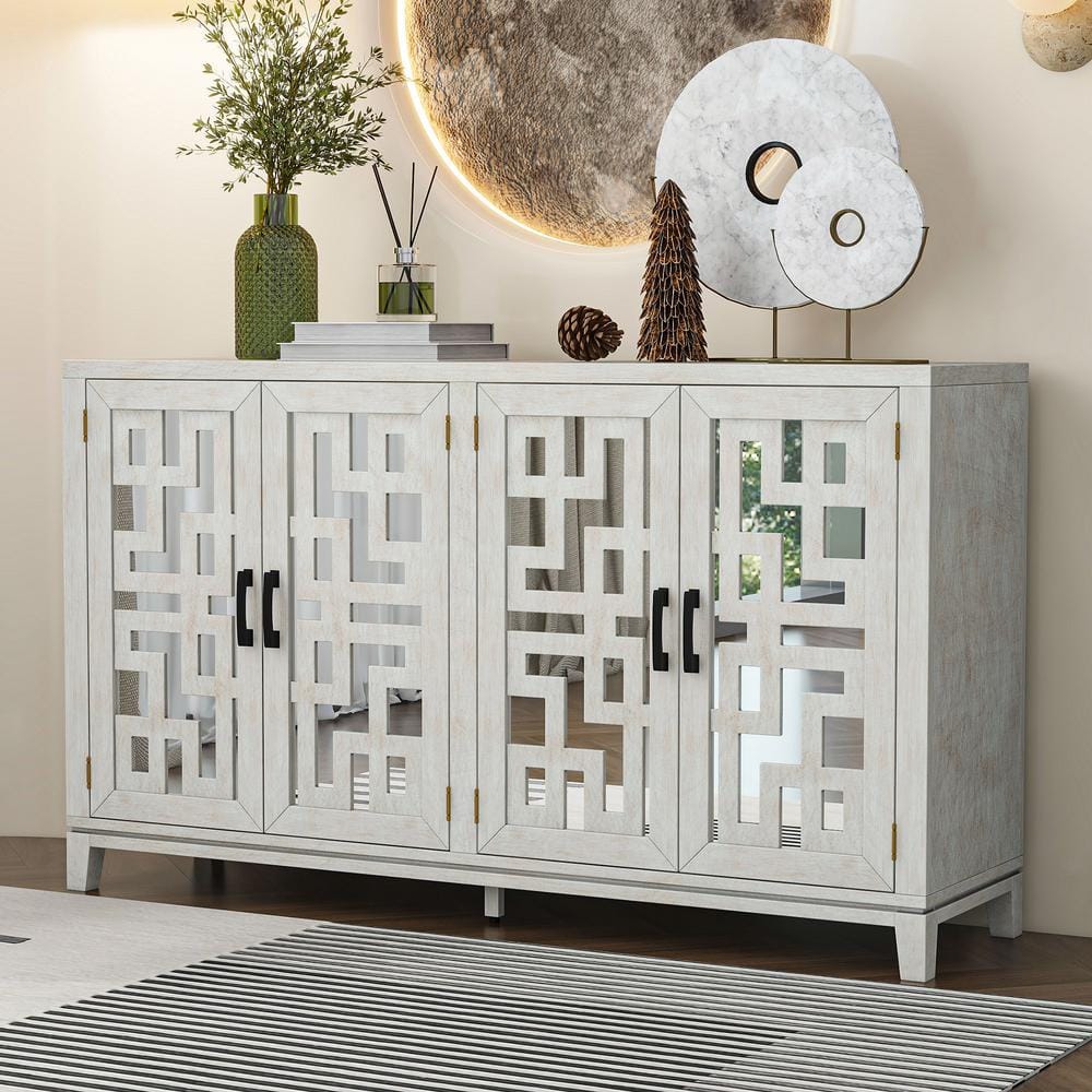 Natural Wood Wash Solid Wood Retro 60 in. W 4-Door Mirrored Buffet Sideboar