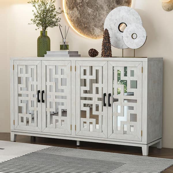 Unbranded Natural Wood Wash Solid Wood Retro 60 in. W 4 Door Mirrored Buffet Sideboard with Metal Pulls for Dining Room JY12SZJIYB