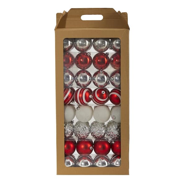 Holiday 3 in. Red Shatterproof Christmas Tree Ornament Set with Re-Useable Box (64-Count)