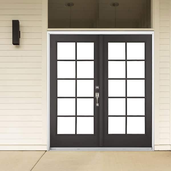 72 in. x 80 in. Black Left-Hand Inswing Fiberglass Full Lite LOE 10-Lite GBG Glass Hinged French Patio Door