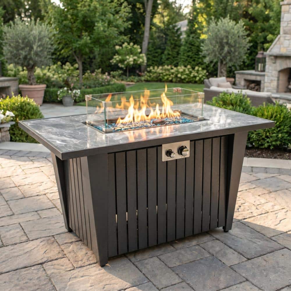 42 in. 60000 BTU Rectangular Black Outdoor Steel Propane Fire Pit Table with Glass Wind Guard price history on PriceWatchPro