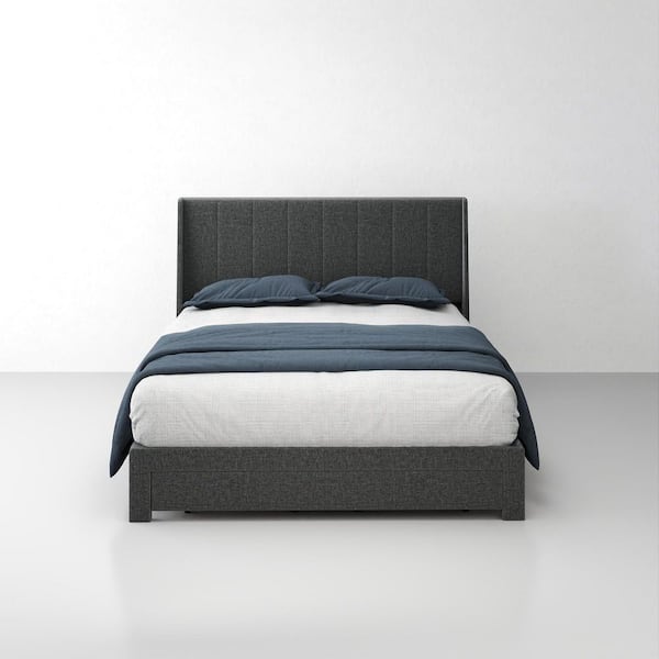 Homy Casa SUMMIT Queen Gray Upholstered Platform Bed with Wingback Headboardand, Metal Frame, Charging Ports and Storage Drawer