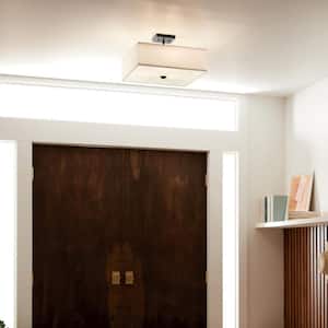 Shailene 18 in. 3-Light Black Square Hallway Transitional Semi-Flush Mount Ceiling Light with Microfiber Shade