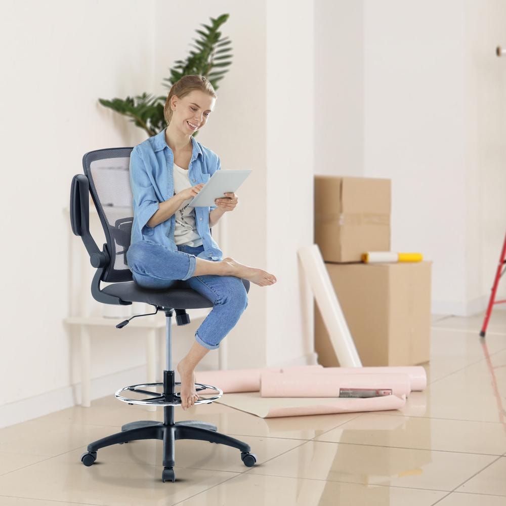 Gray High Desk Ergonomic Drafting Tall Office Chair for Standing Desk with Flip-Up Arms, Breathable Mesh - Thumbnail 4